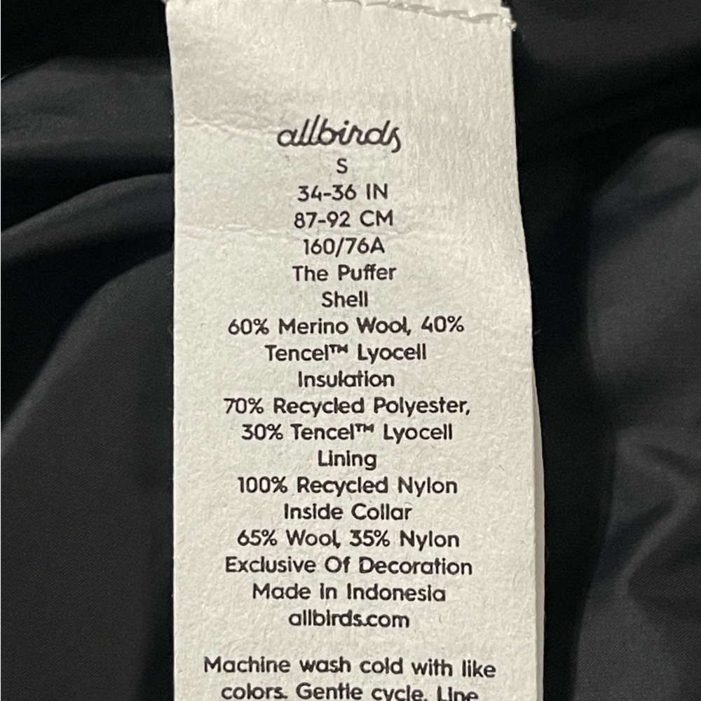 NWT Allbirds Trino Puffer Jacket Charcoal Grey Women’s Size Small Merino Wool - Picture 7 of 9